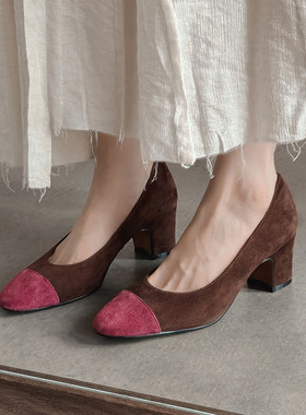 羊反皮~6.3cm粗跟拼色高跟鞋女春秋时尚法式优雅圆头浅口单鞋紫色