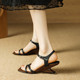 女夏天简约一字细带方头罗马鞋 个性 真皮5cm高跟露趾凉鞋 设计 时尚