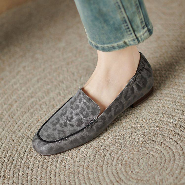 豹纹真皮后松紧褶皱深口单鞋女平底小皮鞋法式复古时尚豆豆乐福鞋,女鞋,乐福鞋（豆豆鞋）,淘宝优惠券,粉丝福利购,淘宝优惠卷