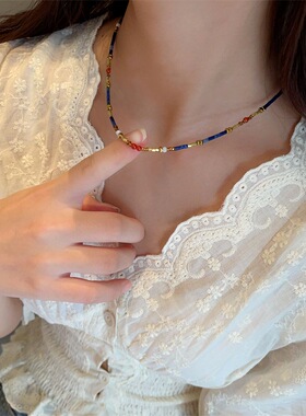 复古青金石玛瑙串珠项链女款2026春夏新款简约时尚锁骨链
