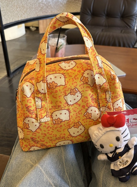 小红书同款双层加厚橘色豹纹kitty可爱手提包便携饭盒袋外出手拎