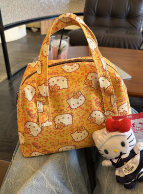 小红书同款双层加厚橘色豹纹kitty可爱手提包便携饭盒袋外出手拎