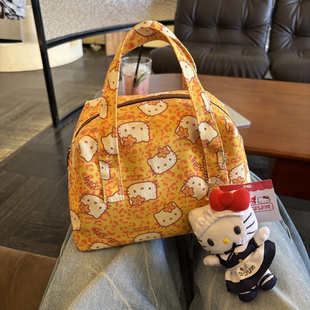 小红书同款双层加厚橘色豹纹kitty可爱手提包便携饭盒袋外出手拎
