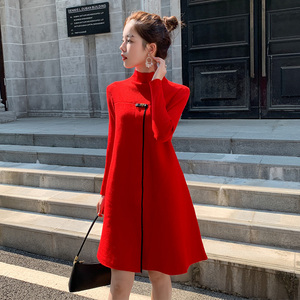 中国风红色本命年针织宽松毛衣裙子