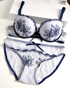 大牌走秀款青花瓷 刺绣蕾丝女士性感内衣文胸套装超薄文胸聚拢