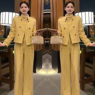 2026超火穿搭一整套高级感黄色立领外套搭配休闲裤春装两件套装女