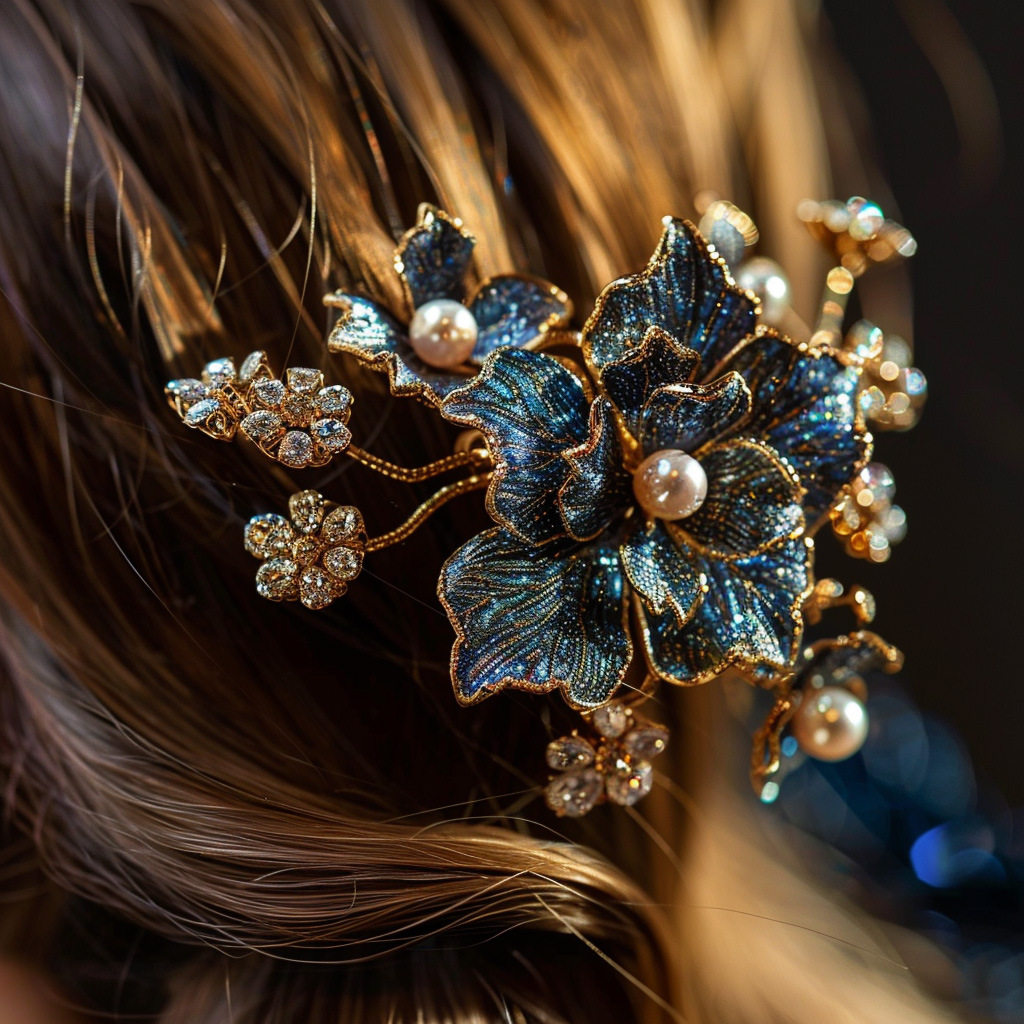 西凉妃子外贸重工原创金属首饰品珐琅山茶花头饰发夹珍珠发饰定制