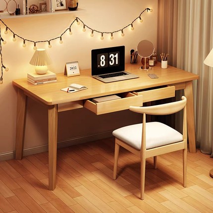 双人长书桌家用卧室学生写字桌简易实木腿电脑桌台式出租房用桌子