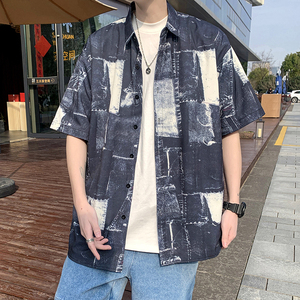 港风冰丝衬衫男短袖夏季情侣款大码小众衬衣外套 D653 P35图片