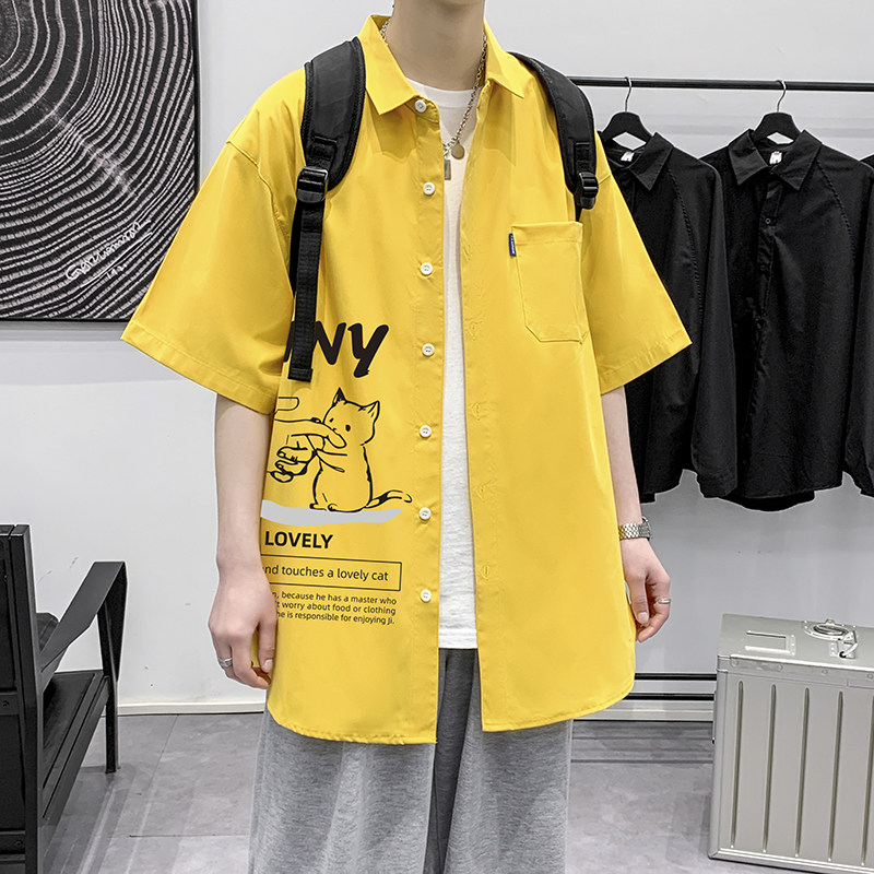 港风大码短袖猫咪衬衫青年男生情侣衬衫D321P28,男装T恤,星座101C（原电商A011-3）