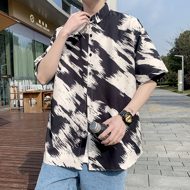 港风大码冰丝衬衫男短袖夏季情侣小众衬衣外套D652P35,男装T恤,星座101C（原电商A011-3）