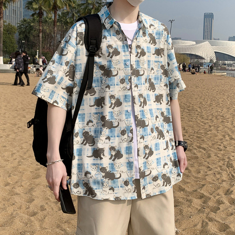 港风大码衬衫男短袖夏季情侣款沙滩衬衣外套D3907P35,男装衬衫,星座101C（原电商A011-3）