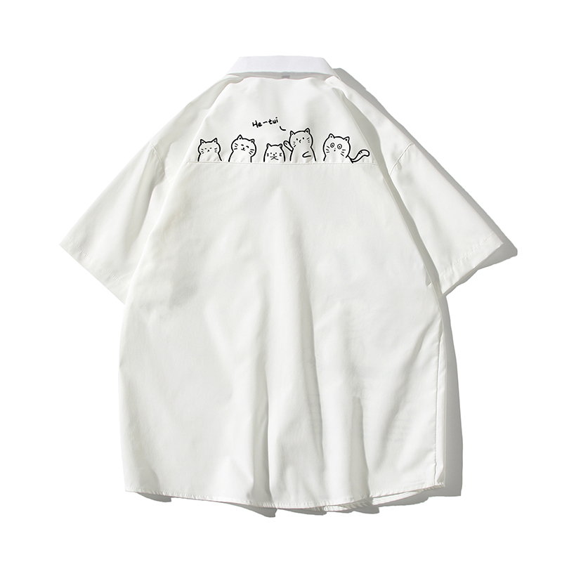 白底港风大码短袖小猫衬衫青年男生情侣衬衫D329P28，男装T恤，星座101C（原电商A011-3）