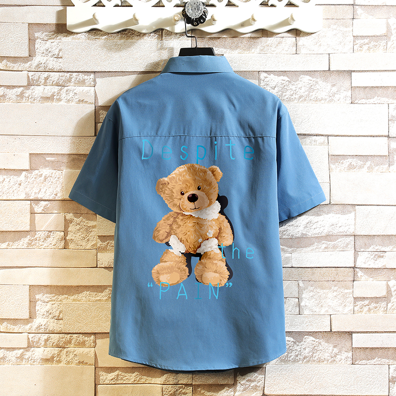 大码小熊衬衣短袖ins情侣衬衫青年男衬衫D322P28，男装T恤，星座101C（原电商A011-3）