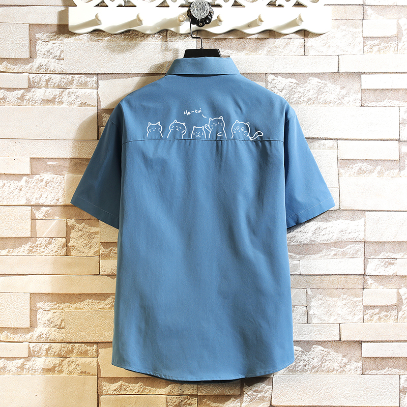 港风大码短袖小猫衬衫青年男生情侣衬衫D329P28，男装T恤，星座101C（原电商A011-3）