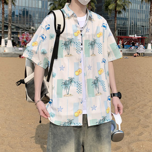 涂鸦港风衬衫大码男短袖夏季情侣款沙滩衬衣外套 D3906 P35图片