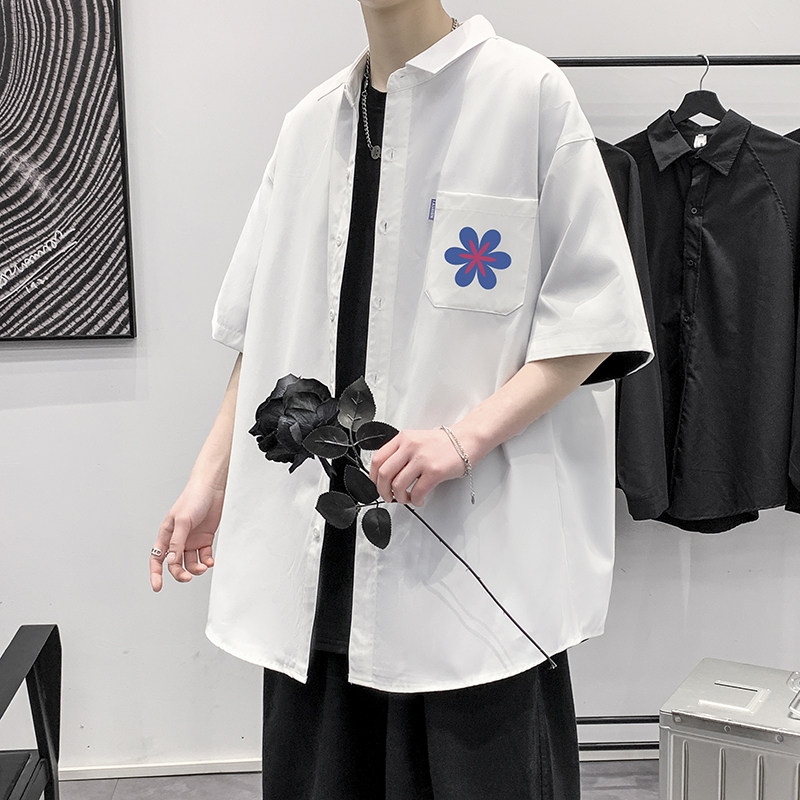 港风大码短袖碎花日系衬衫青年ins潮男生情侣衬衫D325P28,男装T恤,星座101C（原电商A011-3）