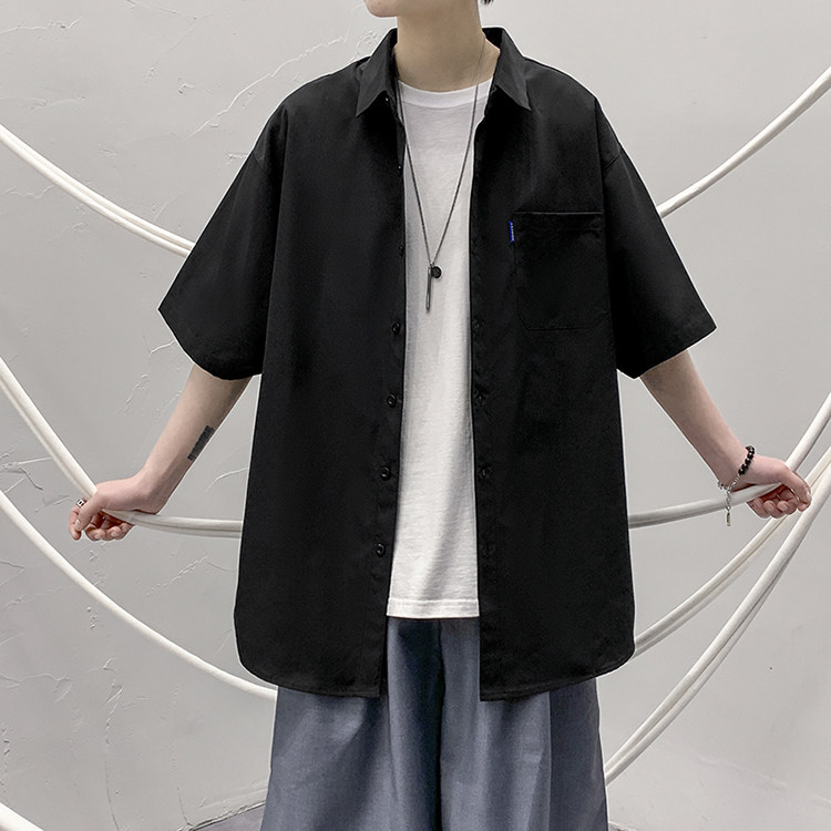 港风大码短袖纯色衬衫男生ins宽松情侣衬衫D320P25,男装T恤,星座101C（原电商A011-3）