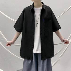 港风大码短袖纯色五色衬衫青年男生ins宽松情侣衬衫D320 P25图片