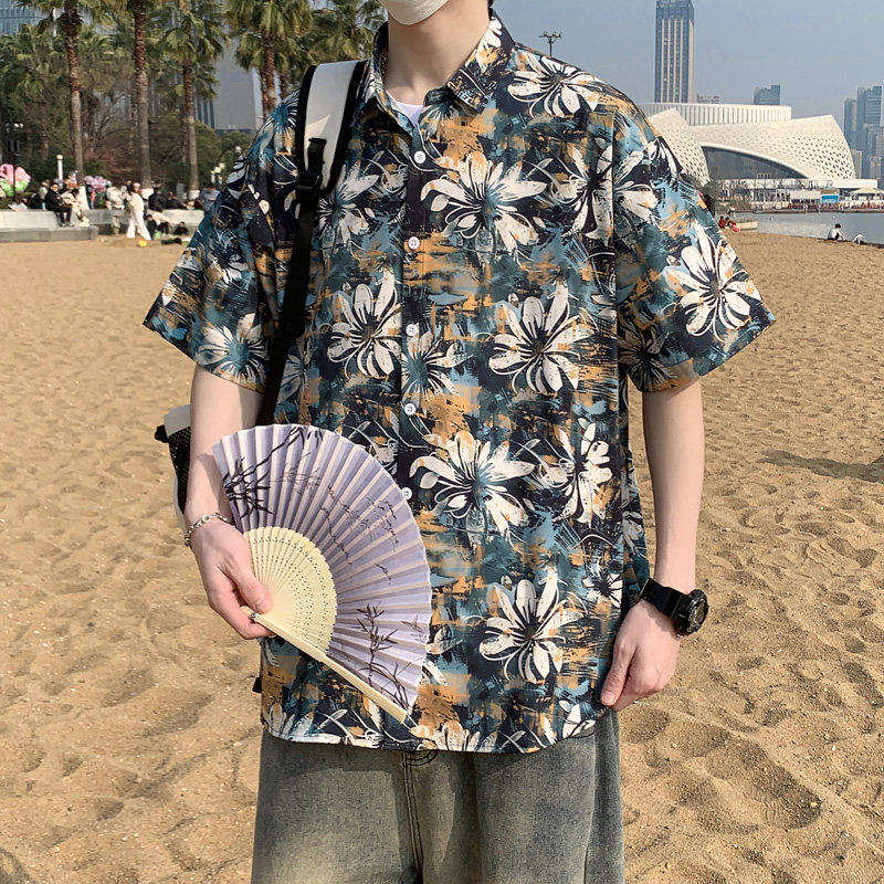 夏季大码港风情侣款短袖复古花衬衫港风衬衣D3915P35,男装衬衫,星座101C（原电商A011-3）