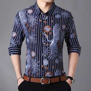 QT4025加大码男士条纹仙鹤时尚衬衫灰墙 1208P38，男装衬衫，星座101C（原电商A011-3）