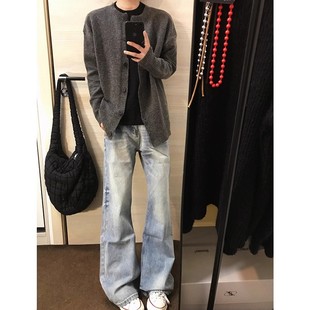 美式 纽扣圆领毛衣早秋慵懒风百搭上衣外套潮 复古灰色羊毛混纺开衫