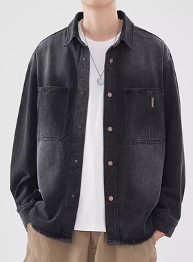 复古黑色做旧牛仔衬衫男款春季新款潮牌休闲翻领高级感痞帅外套