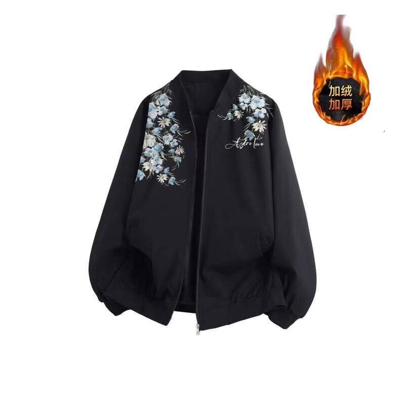 美式高街复古字母植物花卉印花撞色设计感飞行员夹克情侣外套