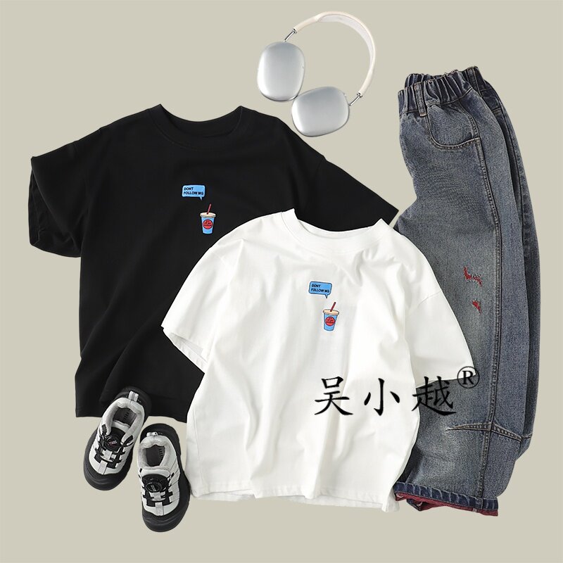 吴小越w2552男童夏款全棉韩版无感数码印花可乐杯t恤短袖中大童