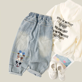 米奇牛仔裤 刺绣年货痞帅男孩新款 韩版 吴小越w914男童春款 长裤