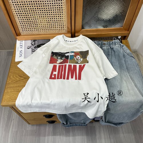 吴小越w2240男童夏款宽松圆领韩版无感数码印花棉t恤短袖中大童