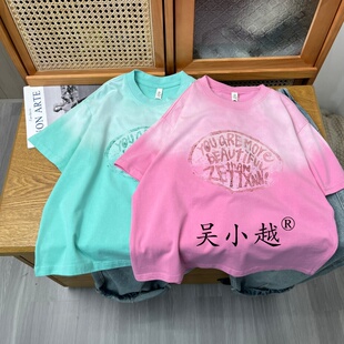 吴小越w2113男童夏款吊染圆领韩版无感数码印花棉t恤短袖中大童