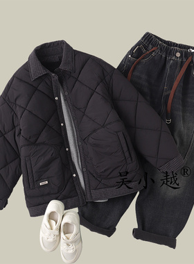 吴小越w1754男童假两件格子秋冬装加棉新款洋气儿童冬季加厚外套