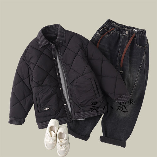 吴小越w1754男童假两件格子秋冬装加棉新款洋气儿童冬季加厚外套