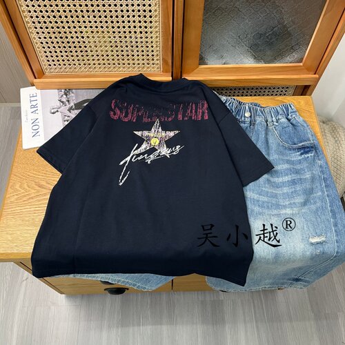 吴小越w2430男童夏款冰沙棉韩版无感数码印花棉t恤短袖中大童