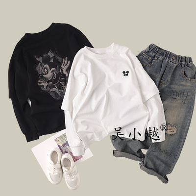 吴小越w1527男童春秋款假两件宽松米奇数码印花长袖棉t恤中大童