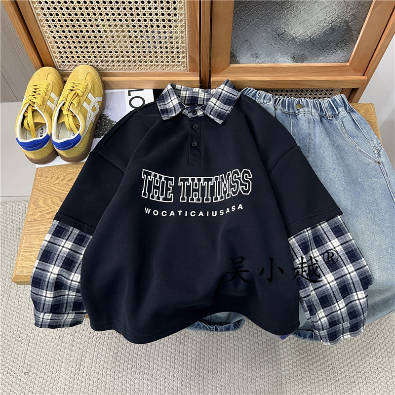 吴小越w1778男童衬衣领加绒卫衣秋冬新款韩版宽松儿童上衣男孩冬