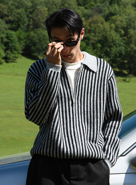 OD/DARKNESS 2025冬 黑灰条纹撞色翻领马海毛针织可机洗毛衣开衫