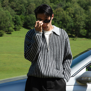 黑灰条纹撞色翻领马海毛针织可机洗毛衣开衫 2025冬 DARKNESS