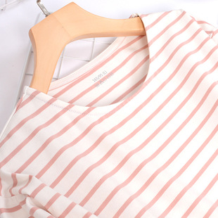 春秋女士加肥大码全棉睡衣长袖上衣胖mm180斤可穿纯棉条纹家居服