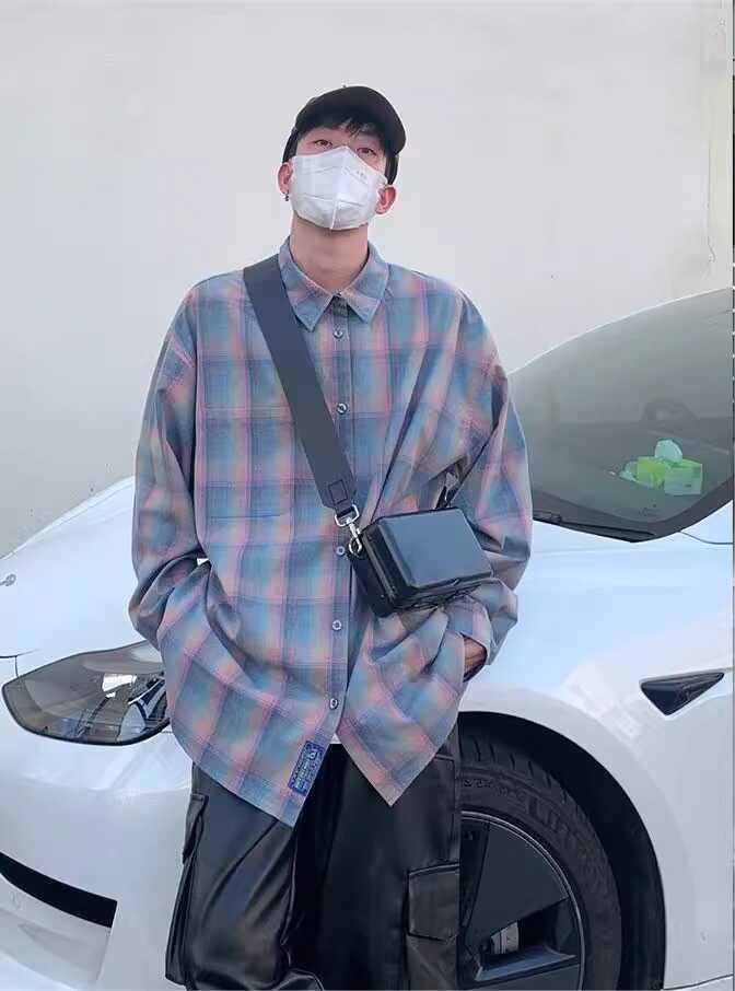 长袖衬衫格纹翻领复古痞帅穿搭