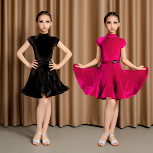 拉丁舞蹈服装儿童女丝绒赛服短袖新款夏秋季练功考级比赛规定服装
