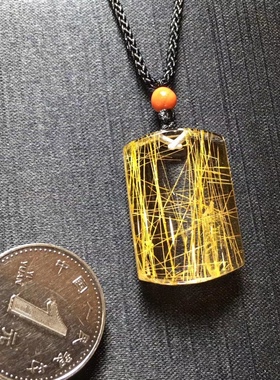 东海水晶 天然发晶平安无事牌吊坠男女水晶项链金发晶挂件毛衣链