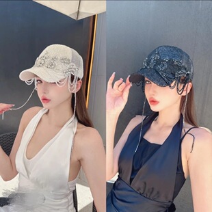 轻奢名媛透气网帽女夏季 高颅顶蕾丝皇冠水晶流苏镂空防晒棒球帽子