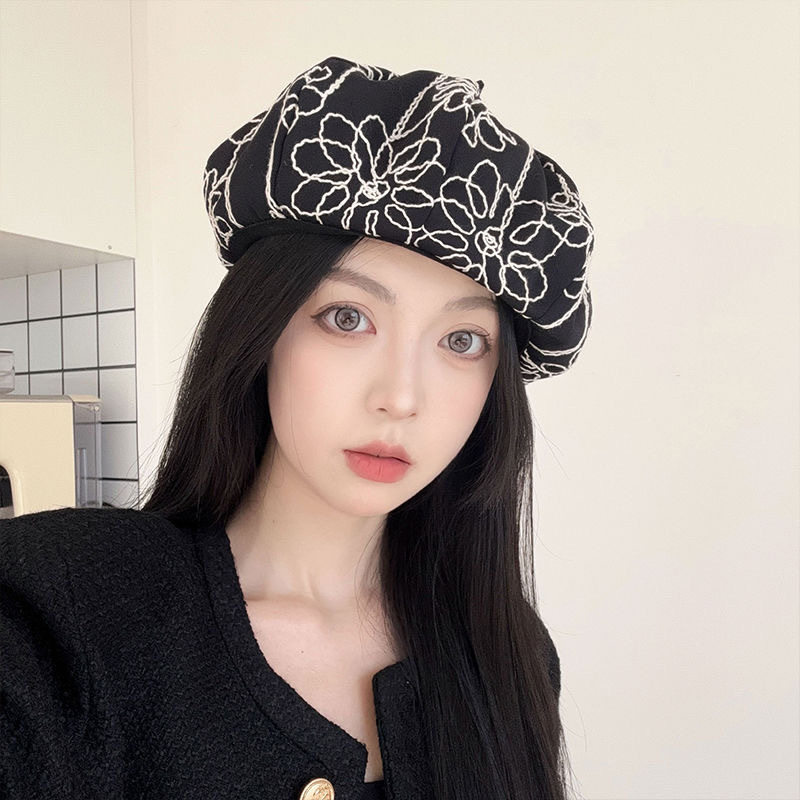 新款韩国ins风英伦复古花朵贝雷帽女式休闲百搭八角帽时尚画家帽