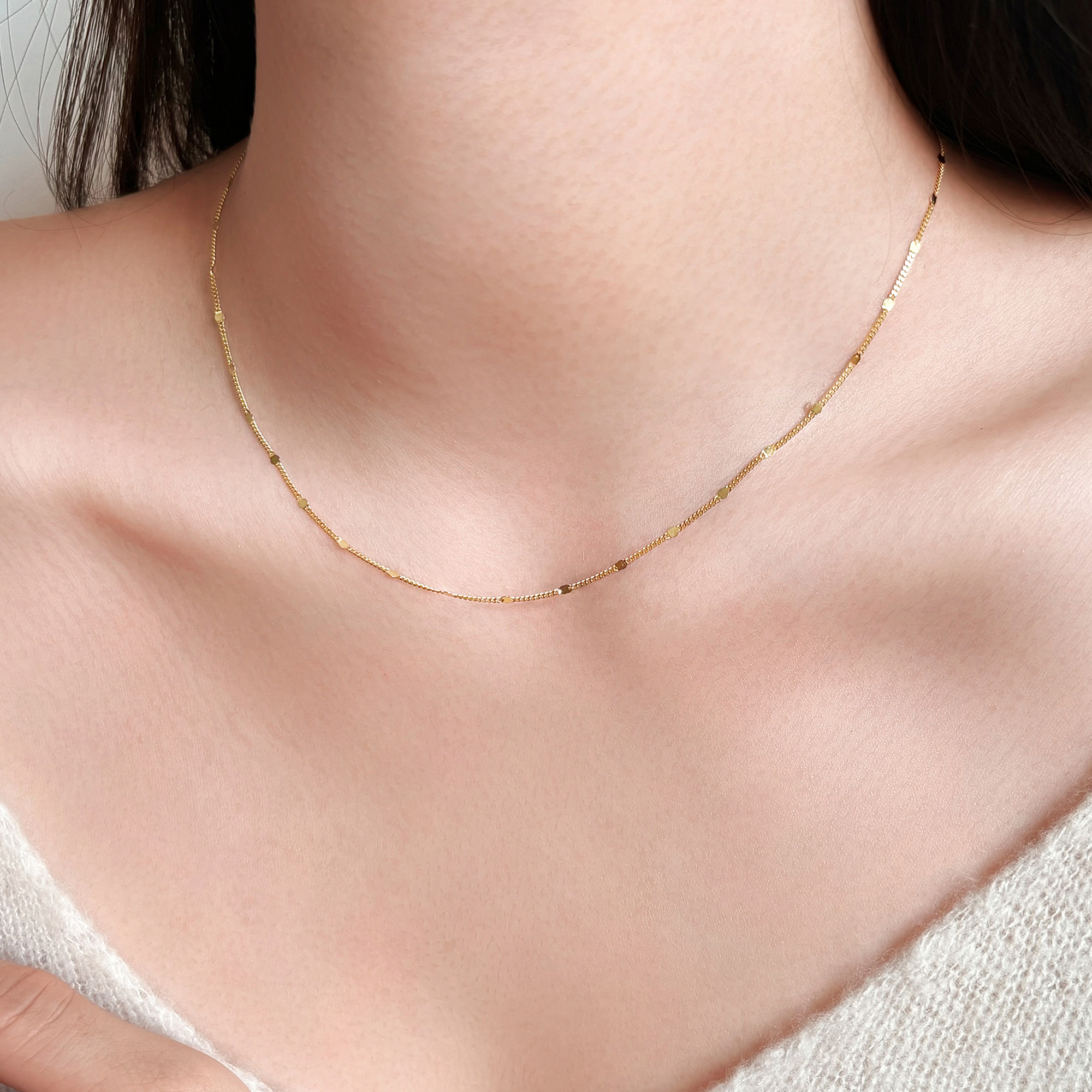 素白/S925纯银巨闪细片锁骨链