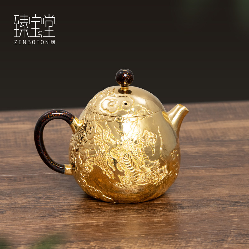 臻宝堂金壶纯金9999泡茶壶纯手工浮雕龙金壶24K足金泡壶收藏茶具