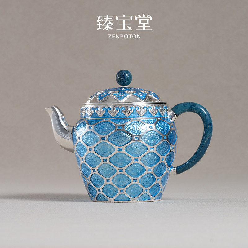 臻宝堂银壶9999纯银泡茶壶珐琅汲直纯手工足银菱花纹茶壶高端茶具