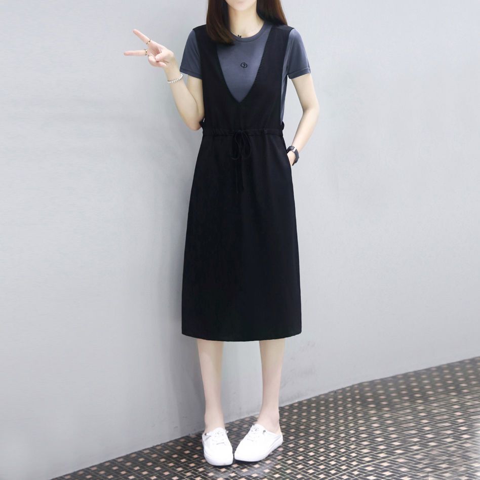 欧洲站2025夏装新款中长宽松显瘦假两件套背带裙子休闲连衣裙女