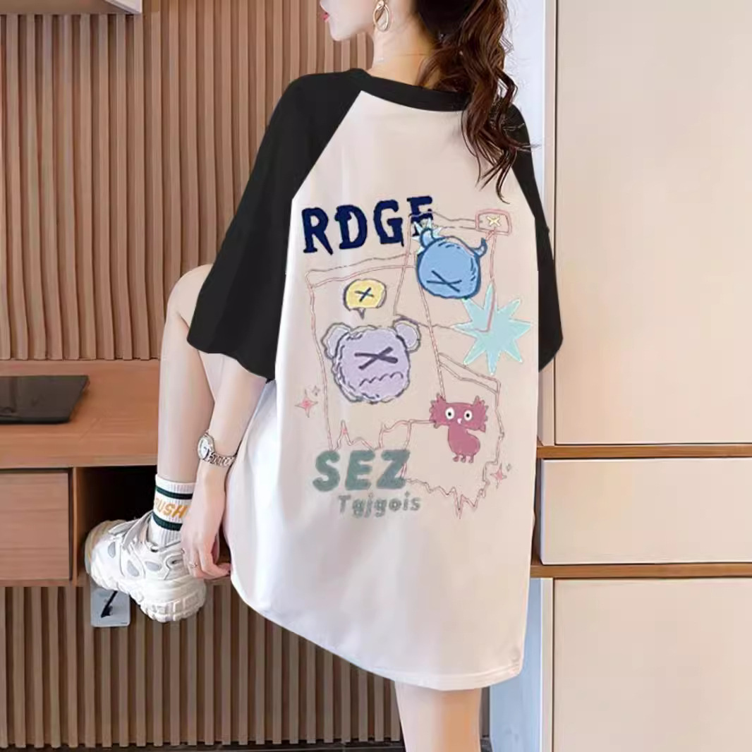 中长款黑白撞色插肩袖纯棉短袖t恤女大码上衣胖mm高级感夏季穿搭